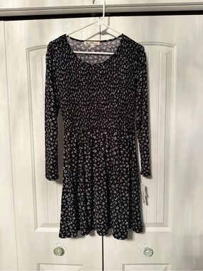 Wallflower Black and White Floral Long-Sleeve Smocked Dress
